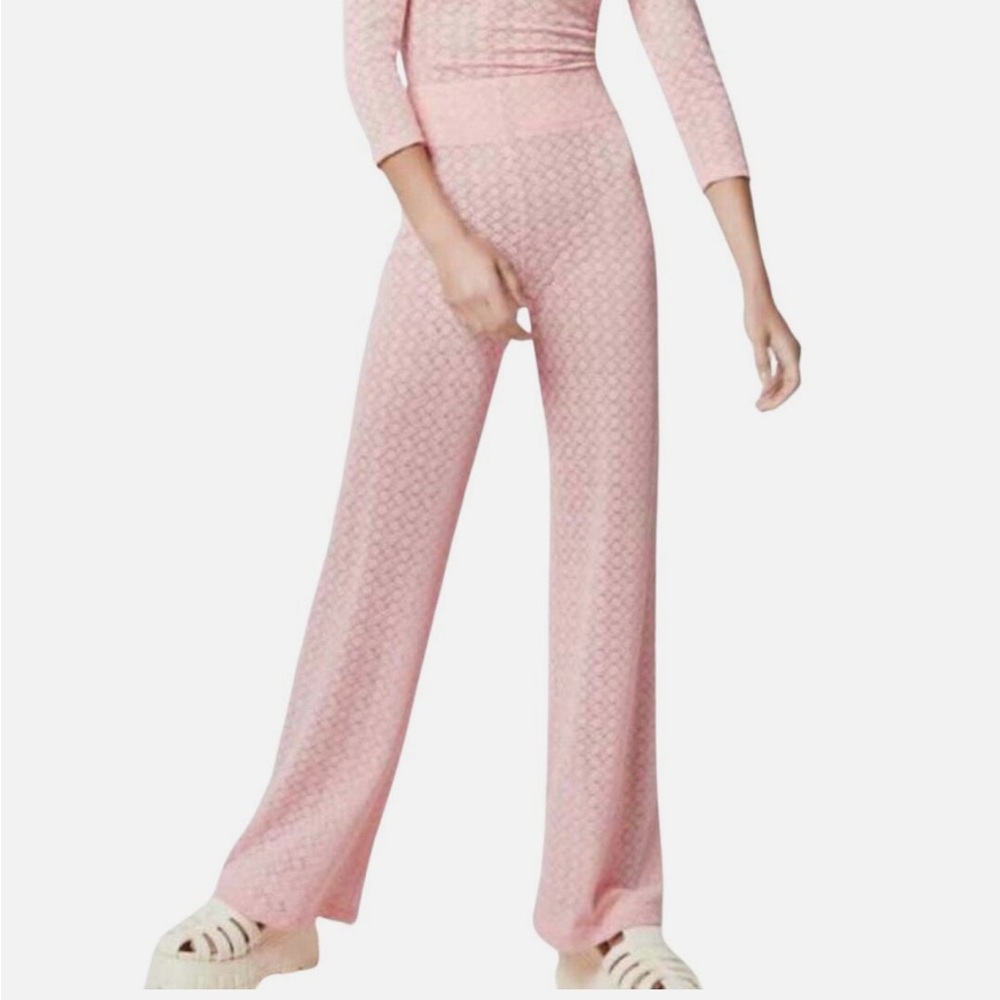 Smythe Keeley Pointelle Knit Pants Shell Pink Sheer Flare High Rise